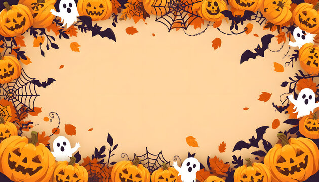 Halloween background with pumpkins and ghosts. Festive border with bats and spider webs.