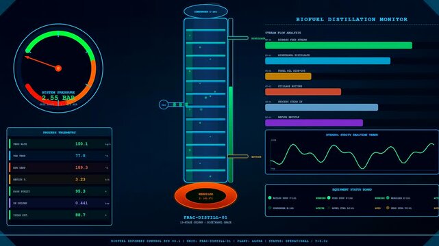 Digital displays showing biofuel refinery control systems with glowing circular gauges and multiple data flow bars captured in a dark simulated industrial monitor interface environment