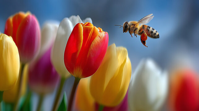 A Honey Bee Flying Towards Vibrant Tulips Celebrating World Bee Day with Springtime Beauty