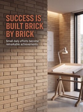 Motivational success quote overlaying a minimalist architect office workspace with brick wall background texture