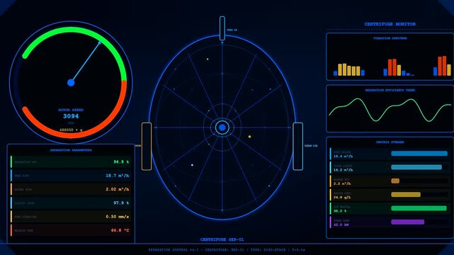 Industrial biofuel refinery centrifuge system interface showing real time operational diagnostics with circular speed meters and data flow charts on a dark blue digital monitor display