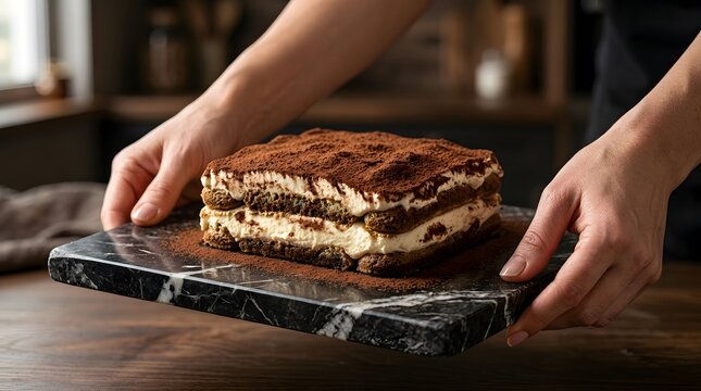 A chef presenting a delicious homemade tiramisu cake on a marble board.