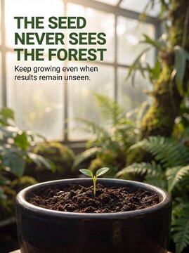 Small green seedling sprouting from dark soil pot in sunlit greenhouse with blurred greenhouse background