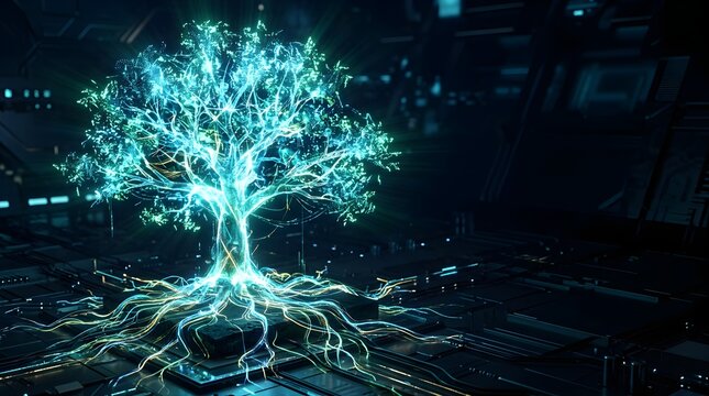 Glowing digital tree hologram rising from a futuristic circuit board base
