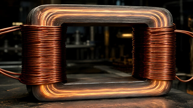 Copper Coil Electromagnetic Induction Device | Transformer Winding With Glowing Magnetic Field | Electrical Power Technology Concept