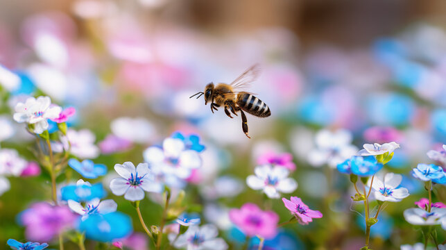 Honey Bee Hovering Over Vibrant Wildflowers Celebrating World Bee Day Conservation Awareness