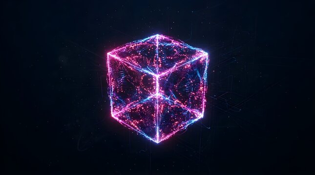 Glowing neon data cube formed by digital particles in dark space