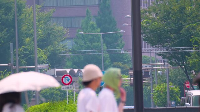 [Weather Phenomena]Footage of Extreme Summer Heatwave with Shimmering Air Distortion Over Asphalt Road. Pedestrians and Cars are Crossing. Tokyo During a Heatwave.