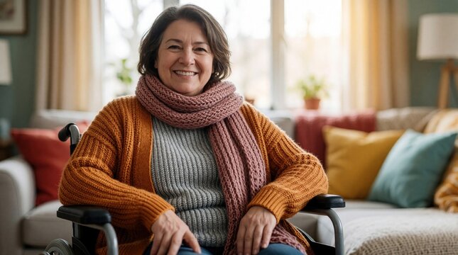 Middle aged woman sits in wheelchair at home. Happy female looks at camera, smiles. Positive disabled person with paralysis lifestyle inside living room. Portrait of inclusive senior patient in cozy