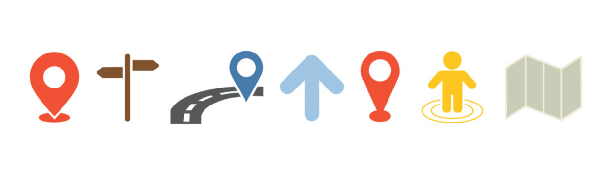 Map Navigation Icons: A collection of intuitive icons representing navigation, location, and travel, including map pins, a road, direction signs, an arrow, and a person standing.