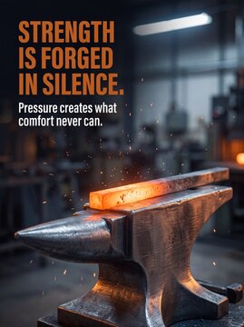 Glowing hot metal bar resting on heavy steel anvil inside dark industrial workshop metalworking setting