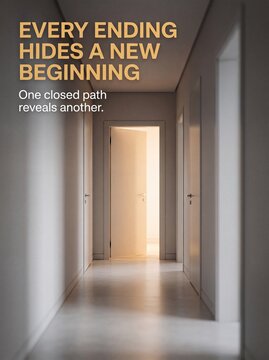 Open door at end of minimalist hallway representing new opportunities with glowing warm light symbolize transition hope