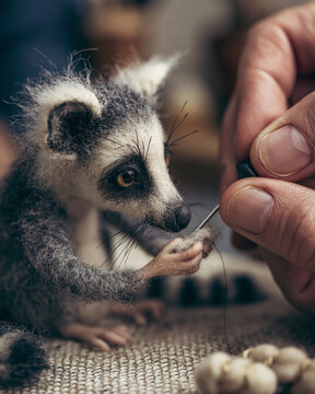 Adorable Handmade Felted Lemur Toy: Cute Animal Art Crafted with Whimsical Detail
