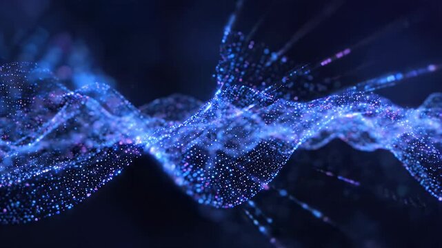 Abstract Digital Waves of Blue and Purple Particles Floating - A dynamic visualization of abstract digital particles forming wavy patterns of blue and purple hues against a dark backdrop.