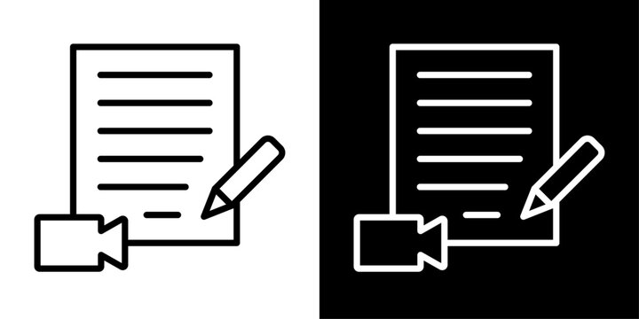 Modern video content creation icon featuring a document, pencil and video camera in a clean outline style for editing, scripting and production.