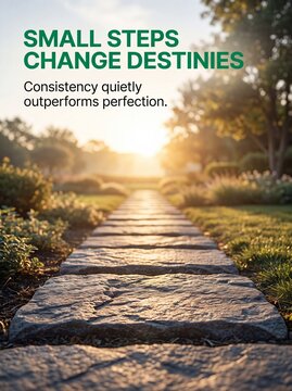 Stone pathway leading toward golden sunset light concept for personal growth with stone walkway stretching sunlit garden