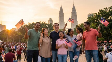 Fototapeta premium Happy multi-ethnic family celebrating Malaysia National Day in Kuala Lumpur park with flags.