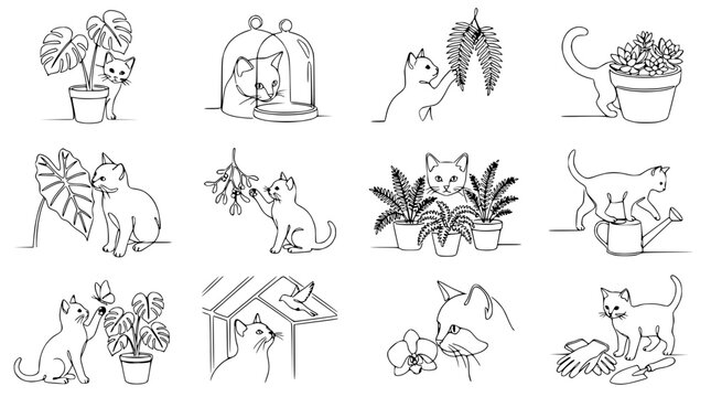 Cute Cat with Houseplants - Line Art Collection