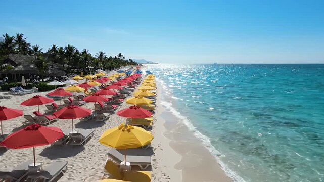 Colorful Beach Umbrellas and Lounge Chairs Aerial View - An aerial view captures a vibrant tropical beach lined with rows of colorful red and yellow umbrellas and lounge chairs.