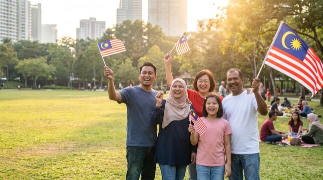 Happy multi-generational Malaysian family holding national flags celebrating Independence Day in a public park.