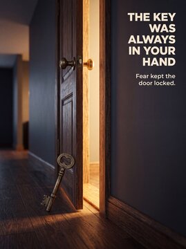 Vintage metal key leaning against an open wooden doorway with motivational quote with doorway inspirational text