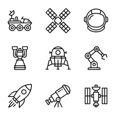 Space exploration line icon set featuring rocket, satellite, astronaut helmet, lunar rover, lander, robotic arm, and telescope © sendal