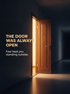 Open wooden door leading into bright light from dark hallway representing new opportunities with dark corridor