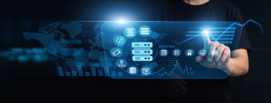 Systems administrator using modern interface for web hosting services. Engineer configuring cloud server partitions, deploying enterprise applications, and monitoring live database uptime.