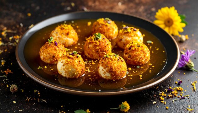 Traditional Central Asian kurt dried cheese balls served over amber honey gel with scattered wildflower pollen