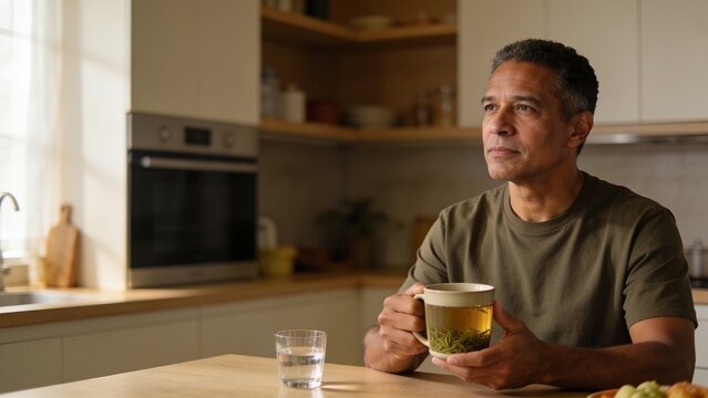 Mature man drinking tea in a modern kitchen. Middle aged male practicing intermittent fasting.