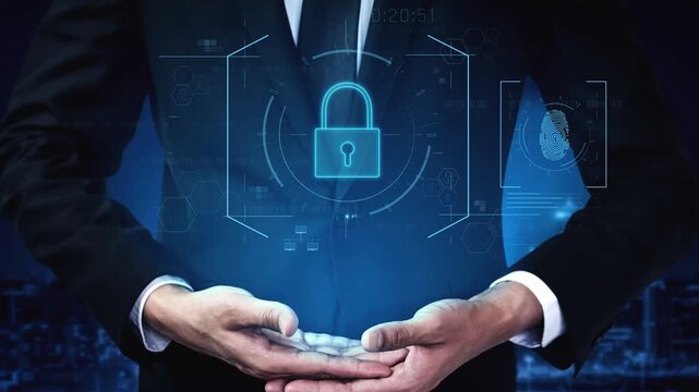 Digital cyber security lock system highlighting data security encryption, cyber password protection, fingerprint ID, cloud storage safety, and cyber security for online access Marrow