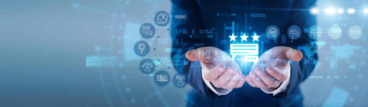 Analyst hands hold glowing FEEDBACK icon. Manager reviewing customer experience ratings, evaluating client satisfaction data on futuristic virtual screen interface. Concept of user opinion.
