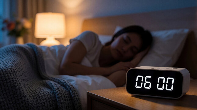 Woman slepic peacefully in bed as digital alarm clock shows 06 00. Bedside lamp emits soft warm glow. Early morning time for rest before day begins.