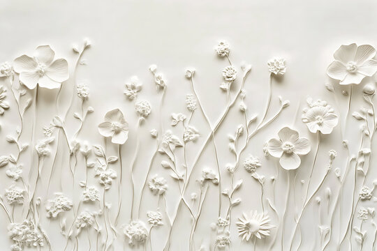 Elegant White Floral Embossed Background With Soft Natural Shadows.