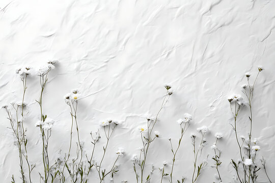 Delicate White Wildflowers On Elegant Textured White Background.