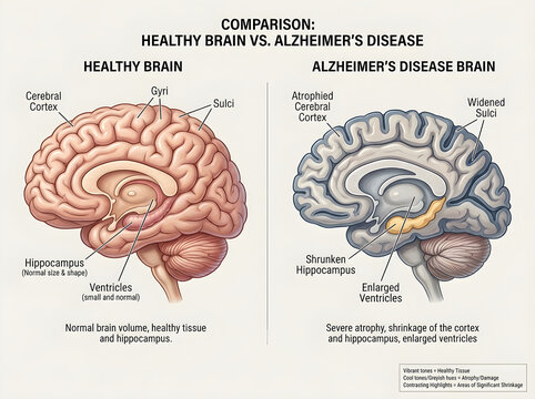 Healthy vs alzheimer's brain comparison illustration