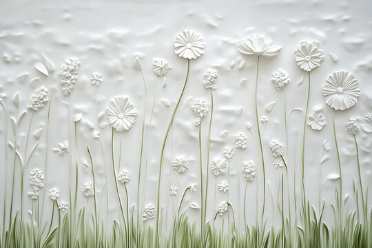 Elegant White Floral Relief Sculpture With Decorative Petals And Stems.