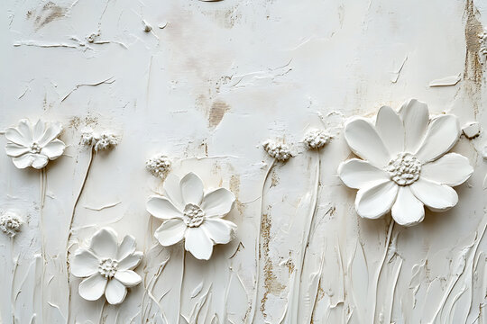 Luxury White Floral Relief Sculpture With Elegant Petals And Stems.