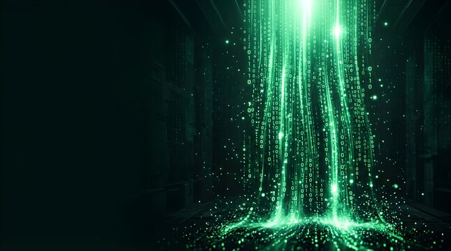 Glowing binary code falling in a digital waterfall representing data flow