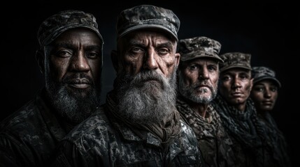 Fototapeta premium A dramatic portrait of five serious soldiers in camouflage, standing in a line with intense expressions against a dark background.