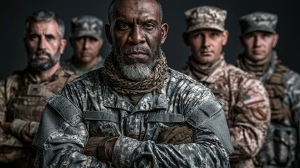 Fototapeta premium A group of five serious soldiers in military uniforms stand united, with one soldier prominently in front, conveying strength and readiness.