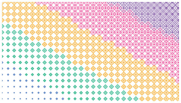 Abstract background with rows of increasing size rhombus patterns in vibrant colors and gradient effect.