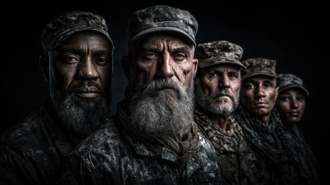 A dramatic portrait of five serious soldiers in camouflage, standing in a line with intense expressions against a dark background.