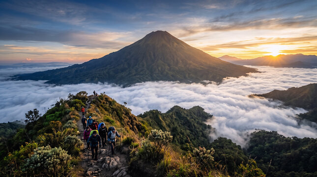 Hikers trekking on mountain ridge above a sea of clouds towards Mount Cikuray in Garut valley during sunrise