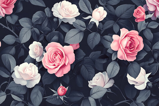 Vintage pink rose floral pattern on dark background.