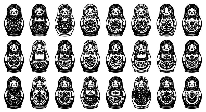 Traditional Matryoshka doll engraving style icon set with floral Russian nesting toy silhouettes for folk art and decorative vector design