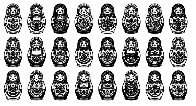 Russian nesting doll silhouette collection with engraved floral ornaments and traditional folk toy icons in black and white vector style