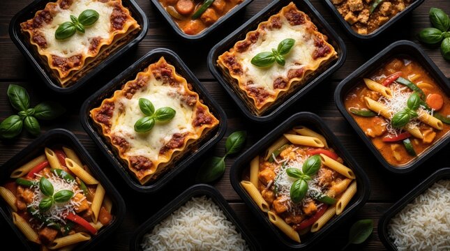 Top view of various prepackaged food portions inside plastic containers on wooden surface. Frozen ready meals include lasagna pasta curry rice, vegetables. Prepared dishes offer convenient dinner