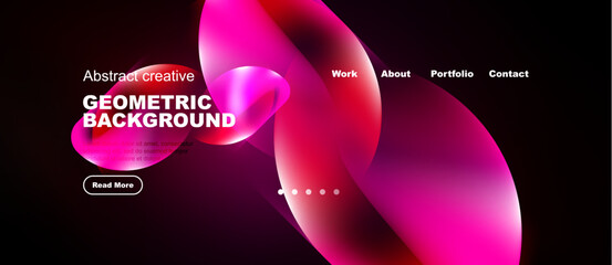 Naklejka premium Abstract pink design. Geometric shapes overlap, creating vibrant visual effect. Navigation menu present, dark background dominates.