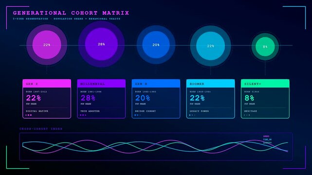 A detailed audience demographics visualization showing circular statistical charts with glowing neon lines across a dark digital space representing group analysis within a modern software interface